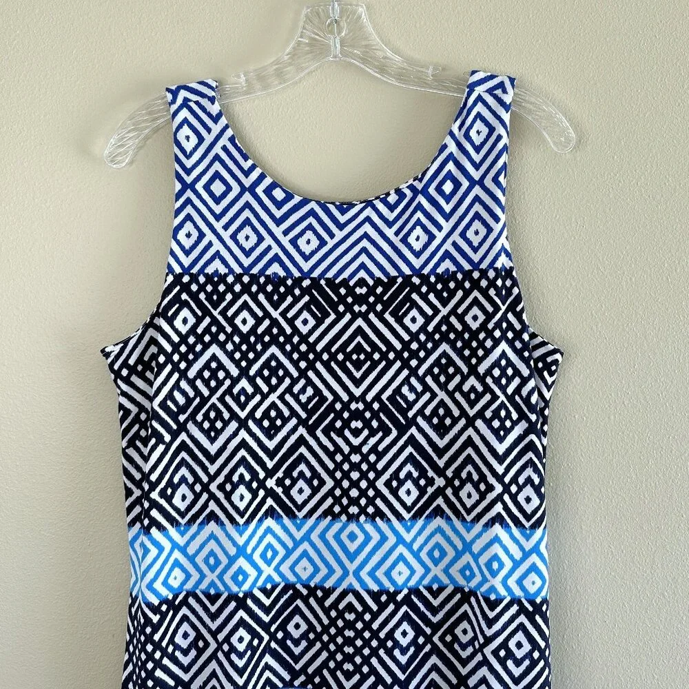 Tommy Bahama Mayan Maze Sleeveless Blue Print Maxi Dress Tropical Vacation - Picture 2 of 7